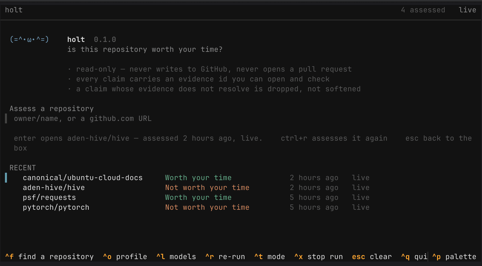 Holt terminal interface listing assessed repositories and their verdicts